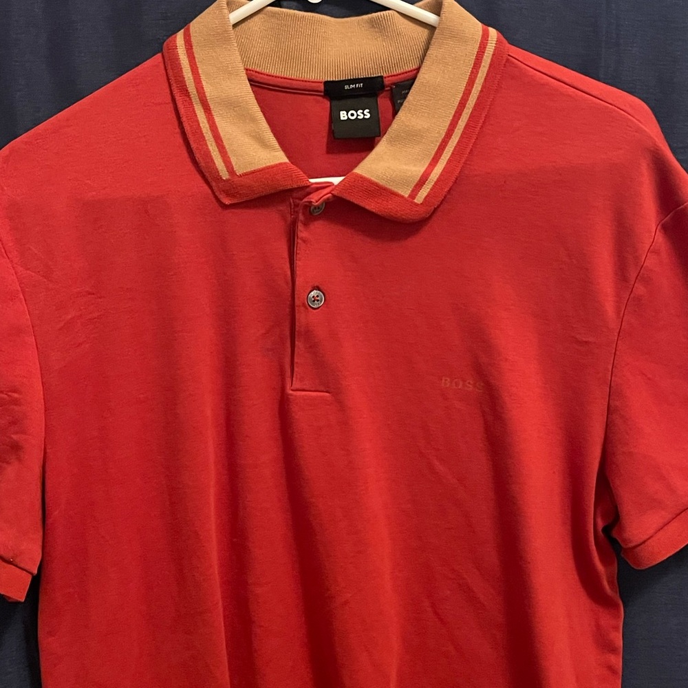 Boss Men's Polo Shirt in Red with Tan Collar